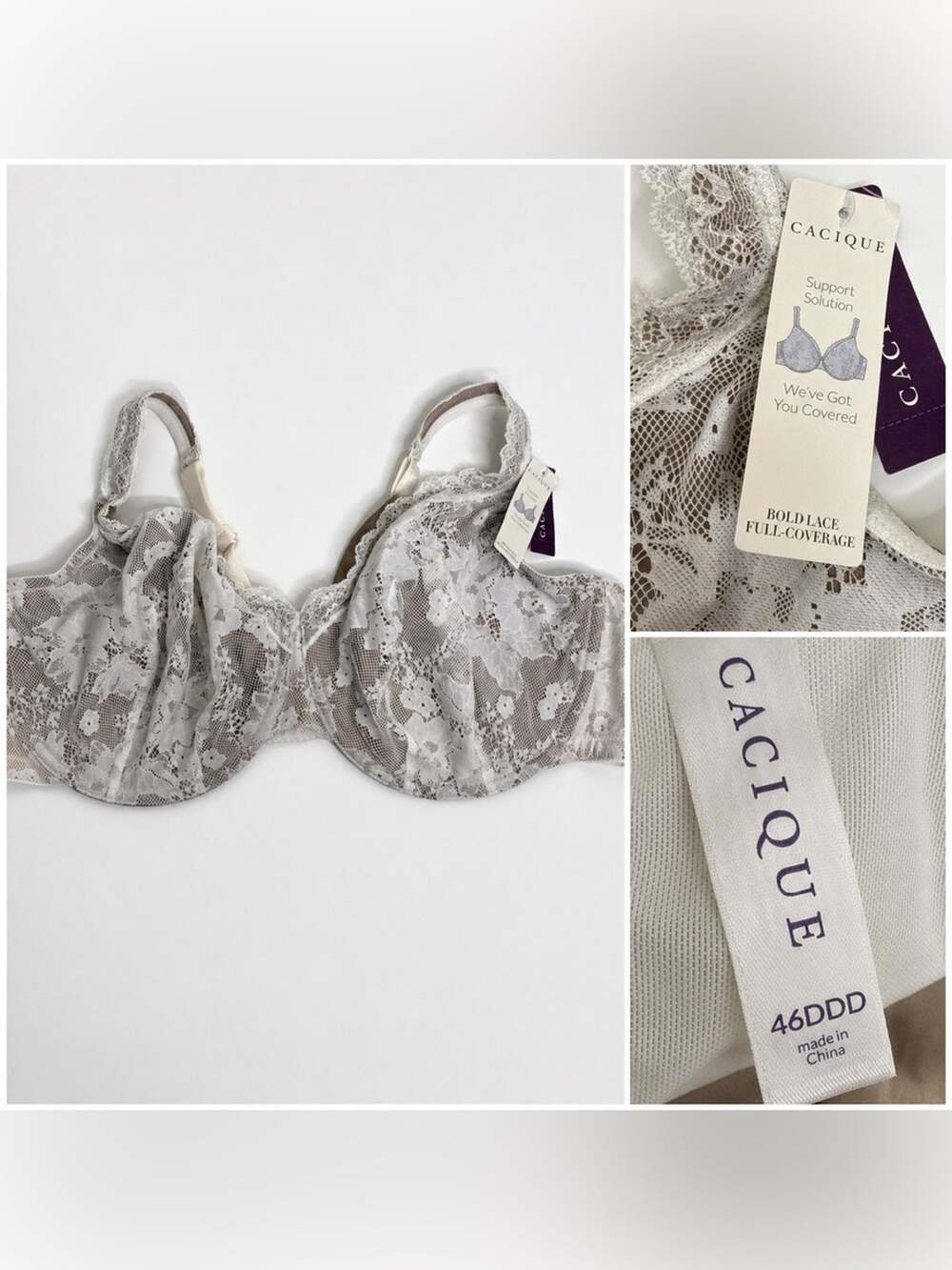 Lane BryantCacique Bold Lace Full Coverage Bra 46DDD Underwired Tan Neutral